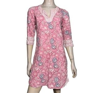 Anokhi Women’s Size S Pink Blue Block Print Cotton Beaded Arms Tunic Cover Up